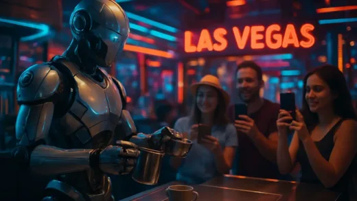 A futuristic robot barista making drinks in a Las Vegas cafe with tourists taking photos, modern neon lights in the background, hyper-realistic detail, cinematic lighting