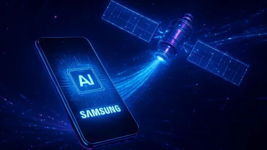 Futuristic smartphone transforming into satellite connection with data streams flowing into orbit, Samsung logo glowing in the center, holographic display showing AI chip architecture, cyberpunk style with blue and purple neon lights, ultra-detailed 8K resolution, cinematic lighting