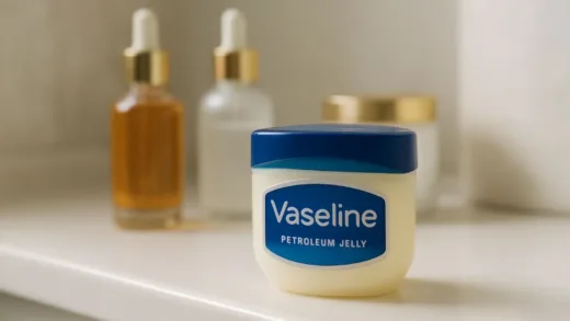 A close-up photo of a simple Vaseline jar on a clean bathroom counter with soft natural lighting, surrounded by expensive skincare products like serums and creams in the background, highlighting the contrast between affordable and luxury skincare.
