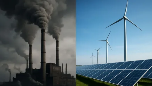 A dramatic contrast image showing traditional Chinese factories with smokestacks on one side and modern solar panel fields and wind turbines on the other side, representing China's energy transition, with a clear division between old and new energy systems.
