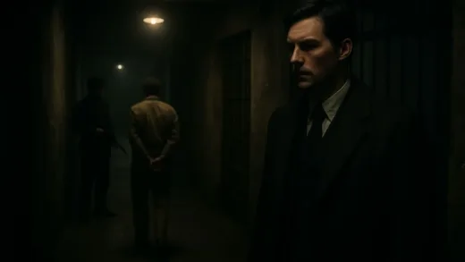 A tense scene in a Syrian prison, dimly lit corridors with shadows, a mysterious British agent arriving to confirm an execution, atmospheric and cinematic lighting