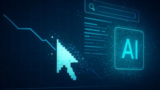 A dramatic visual metaphor of a disappearing mouse cursor click over a graph showing declining website traffic, with search engine results being consumed by an AI interface, digital and futuristic style