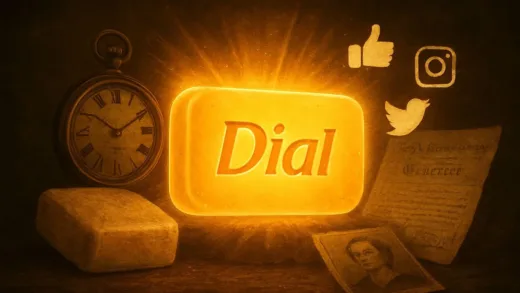A classic bar of Dial soap glowing, surrounded by historical elements and modern social media icons, symbolizing its timeless appeal and recent resurgence.