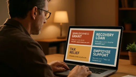 A small business owner looking at various government support program notifications on a laptop screen with calendar showing March dates, warm office lighting, realistic style