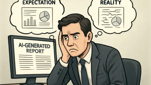 A frustrated business person looking at a computer screen with AI-generated report, showing dissatisfaction with the quality, with thought bubbles showing expectations vs reality
