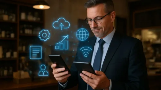 A professional business person in their 40s-50s using digital tablet and smartphone in a traditional small business setting, with holographic digital transformation icons floating around, representing the blend of traditional business and modern technology