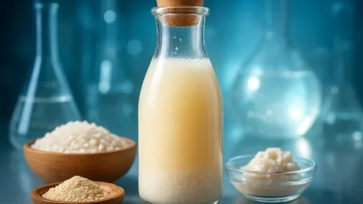 Close-up of traditional Korean makgeolli bottle with white sediment at the bottom, beautiful skincare ingredients like rice, yeast, and fermentation bubbles, scientific laboratory background with glowing skin effect