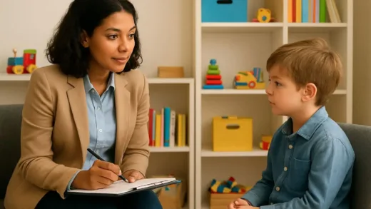 A child psychologist consulting with a young child in a clinic setting, with educational toys and books in the background