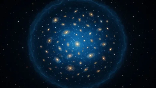 A stunning visualization of a galaxy cluster with hundreds of galaxies gravitationally bound together, showing spiral and elliptical galaxies in various colors, with hot gas emitting X-rays in blue hues, dark matter halo surrounding the structure, cosmic background with distant stars, scientific illustration style, highly detailed, 8k resolution