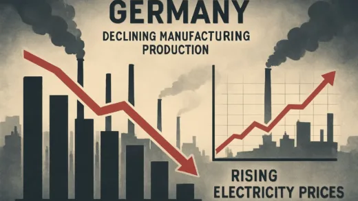 A dramatic visualization of Germany's economic indicators showing declining manufacturing production alongside rising electricity prices, with industrial factories in the background and charts showing negative trends