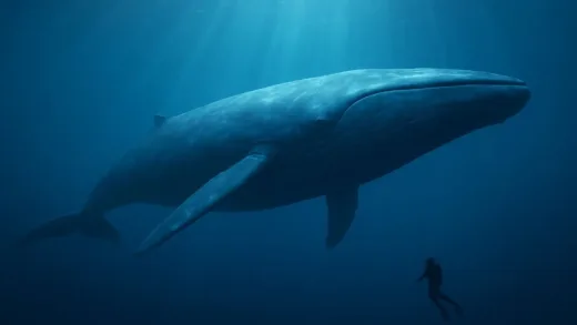 A majestic blue whale swimming in the deep ocean with sunlight filtering through water, showing its enormous size compared to a human diver silhouette