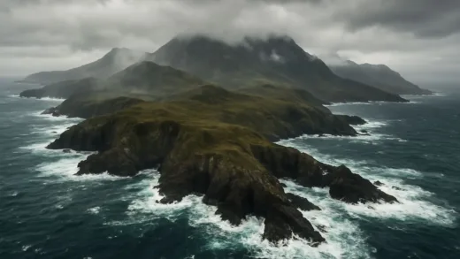 Aerial view of Campbell Island showing rugged coastline, misty mountains, and stormy seas in the subantarctic region