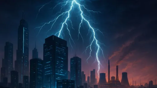A futuristic city skyline with lightning bolts striking down on data centers, contrasting with slow-moving construction of power plants in the background, digital art style, dramatic lighting