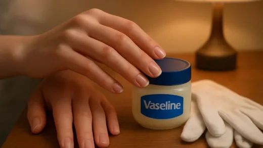 A close-up of smooth, youthful hands with a small jar of vaseline and cotton gloves on a nightstand, soft lighting, realistic style