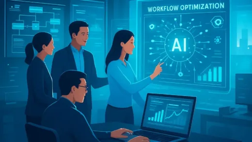 A modern office workspace showing AI workflow optimization with digital interfaces and human collaboration, futuristic technology concept