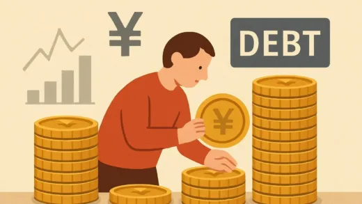 A visual metaphor showing a person earning 70 coins but spending 100 coins, with debt piling up beside them. Japanese yen symbols and graphs in the background.