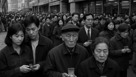 A powerful black and white photo of 1998 in South Korea showing long queues of people waiting in front of banks, holding small jewelry boxes and gold items in their hands. The atmosphere is somber yet determined, with diverse people from all walks of life - young couples, elderly people, office workers. The scene captures the collective sacrifice during the gold collection campaign.