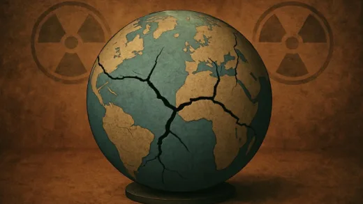 A broken globe with cracks, symbolizing a collapsing international order, with a subtle hint of nuclear symbols in the background.