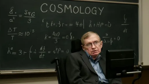 Stephen Hawking giving a lecture about cosmology with equations on blackboard, realistic style, scientific atmosphere