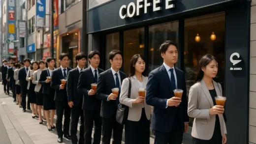 A long line of Japanese office workers waiting outside a modern Korean-style coffee shop in Tokyo, with people holding large iced coffee cups, vibrant street scene