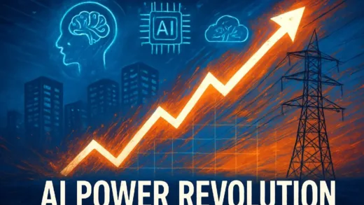 An abstract image showing a rapidly growing graph representing electricity consumption, with AI symbols and data centers in the background, power lines extending, and a sense of dynamic growth. Text overlay: AI Power Revolution.