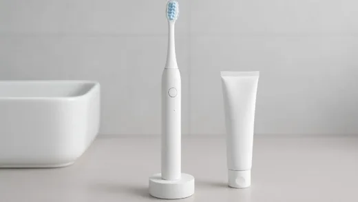 A smart electric toothbrush with charging base and toothpaste on a modern bathroom counter, minimalist design, professional photography
