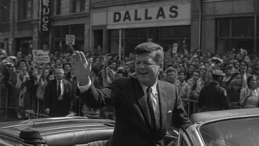 President John F. Kennedy in an open convertible car waving to crowds in Dallas, 1963, political tension visible in the background, historical photo style