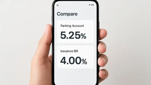 A person comparing parking account interest rates with issuance bill interest rates on a smartphone screen, showing clear difference in numbers, modern financial app interface, clean background