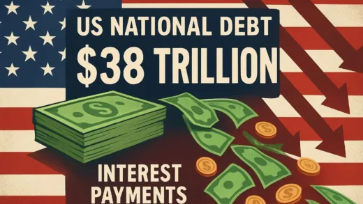 A dramatic infographic showing the US national debt at $38 trillion with money flowing out as interest payments, American flag in background with downward trend arrows