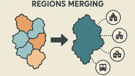 An infographic illustrating several smaller regions merging into one larger, cohesive administrative unit, with lines connecting various public services like hospitals, fire stations, and schools.