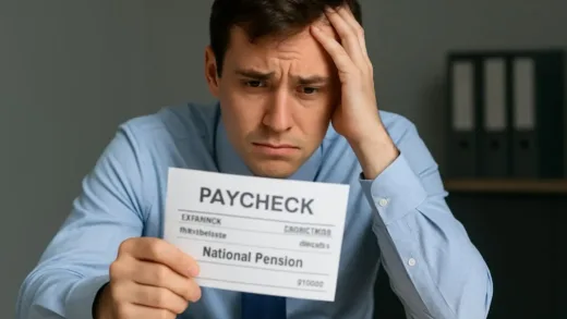 A concerned young office worker looking at their paycheck with national pension deductions highlighted, showing frustration and worry about future retirement security.