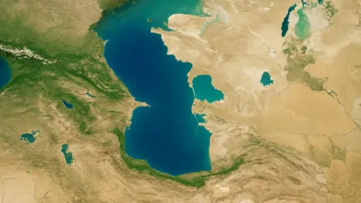 Aerial view of the Caspian Sea showing its vast expanse and surrounding countries