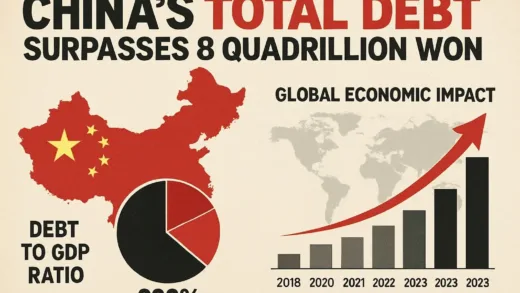A dramatic infographic showing China's total debt surpassing 8 quadrillion won, with charts comparing debt to GDP ratio and global economic impact visualization