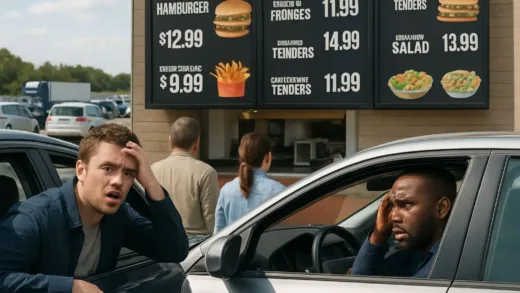 A crowded highway rest area with expensive food prices shown on menu boards, frustrated drivers looking at prices