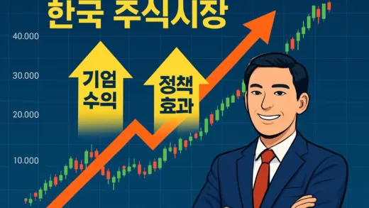 A vibrant Korean stock market chart showing an upward trend, with overlaid arrows pointing to increasing company earnings and policy effects. In the foreground, a confident investor is smiling.