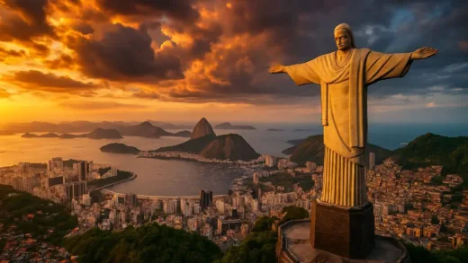 Christ the Redeemer statue overlooking a vibrant Rio de Janeiro cityscape and favelas, with a dramatic sky.