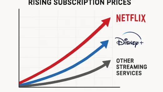 A graph showing rising subscription prices for Netflix, Disney Plus, and other streaming services with upward trending arrows