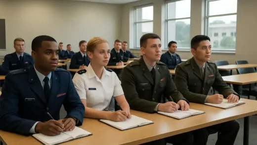 A modern military academy campus with unified educational buildings, showing cadets from different military branches studying together in a classroom setting, professional atmosphere
