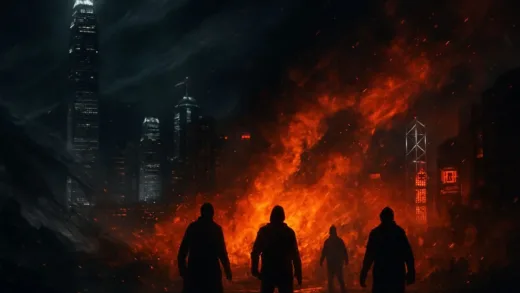 A dramatic cinematic scene showing a Hong Kong cityscape at night with contrasting elements of wind and fire, representing the chaos and conflict in the story, with shadowy figures in the foreground.