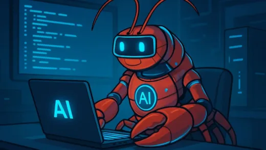 A futuristic AI assistant lobster character working on a computer with glowing blue lights, representing Open Claw AI agent in a developer workspace