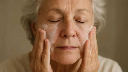 An elderly woman gently washing her face with soft hands, avoiding harsh rubbing, close-up on facial skin care routine