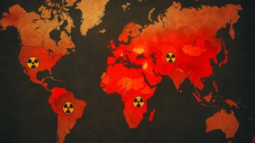 A dramatic world map showing geopolitical tensions with highlighted conflict zones and nuclear symbols, digital art style