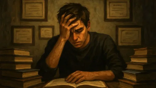 A young man feeling overwhelmed looking at certificates and books in a dim room, symbolic of knowledge overload