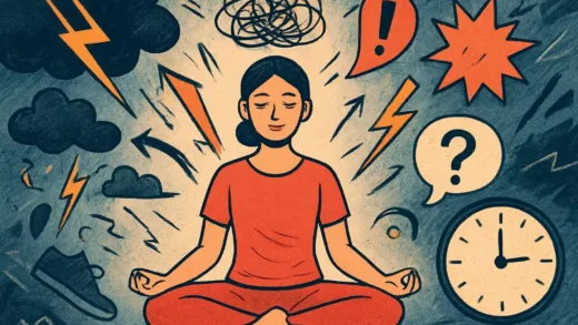 A calm person meditating peacefully in a chaotic environment, showing emotional balance and mental space, neuroscience concept illustration