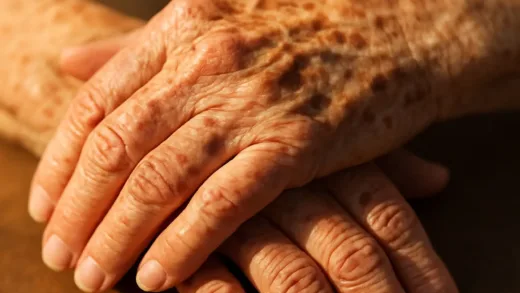 Close-up of elderly hands with age spots under sunlight, showing UV damage concept