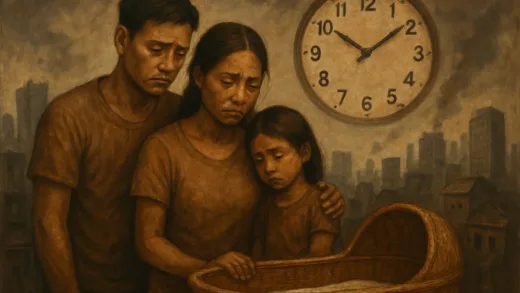 A sad Thai family looking at an empty cradle, with a backdrop of a struggling city and a ticking clock.