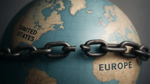 A globe showing the US and Europe with a symbolic rift or a broken chain between them, representing the ending of an alliance. In a professional, realistic style.