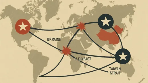 A symbolic illustration showing a world map with multiple power centers but no clear leader, with tension lines connecting conflict zones like Ukraine, Middle East, and Taiwan Strait