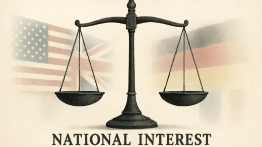A symbolic image showing eternal national interests versus changing alliances, with flags fading in and out while a scale representing national interest remains constant