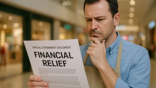 A small business owner looking at an official government document, with a shopping mall in the background, showing financial relief. Focus on the document and the person's thoughtful expression.